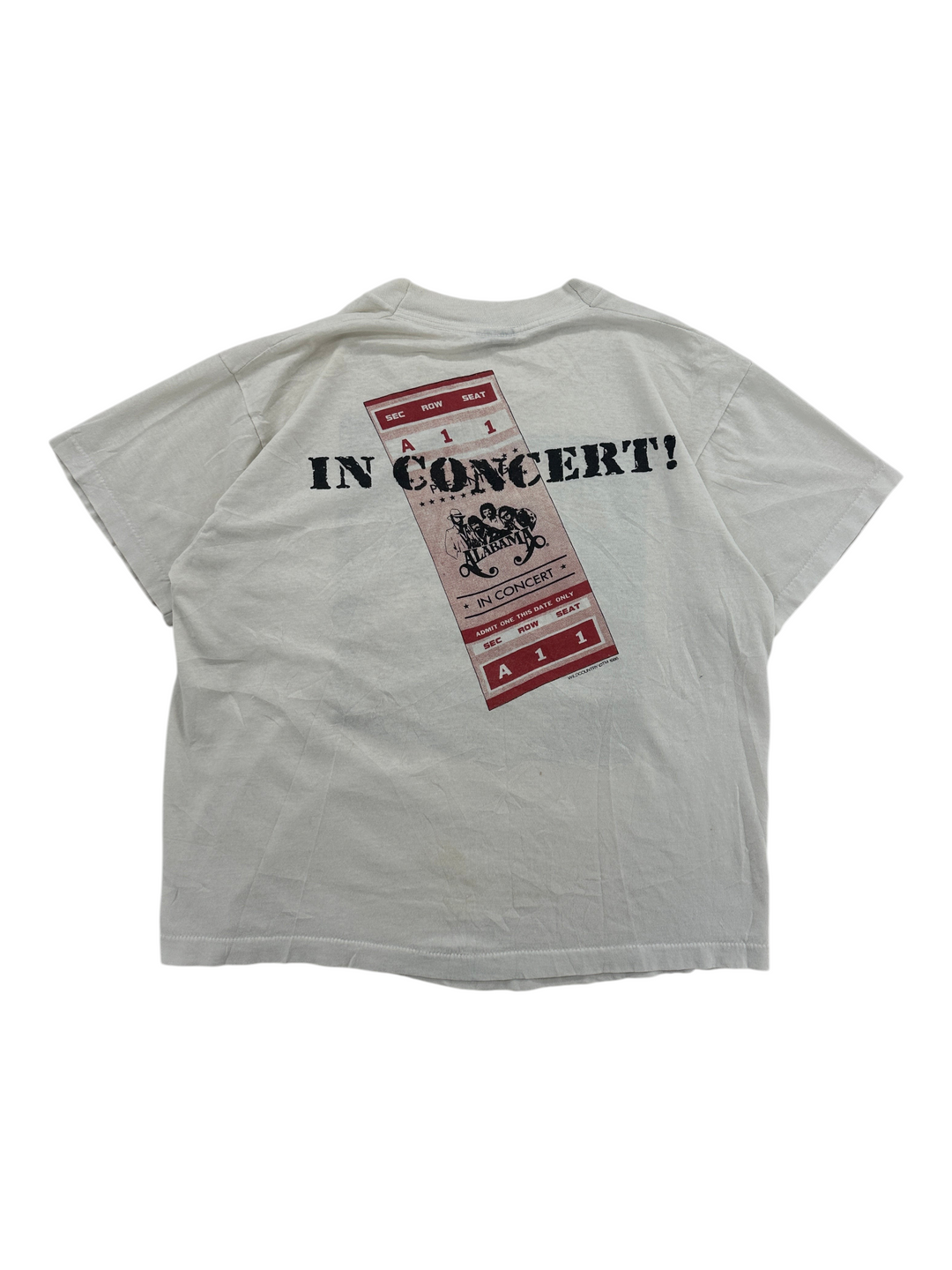 Exile Vintage 1980s Alabama band tour t-shirt in white with a red concert ticket graphic on the back