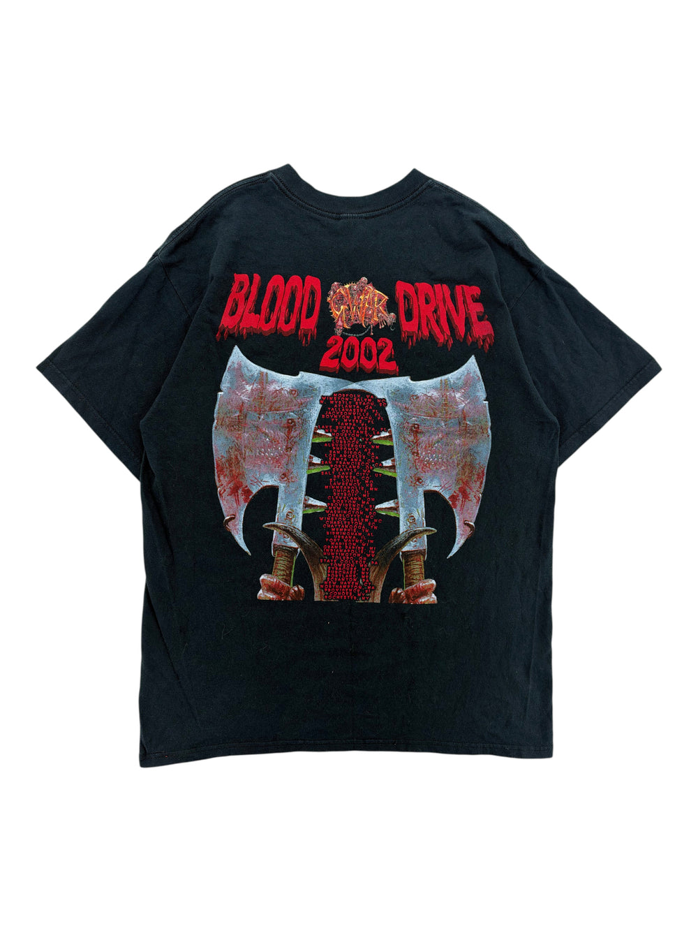 Exile Vintage black 2000s GWAR Blood Drive tour t-shirt with graphic of two bloody axes and tour dates on the back