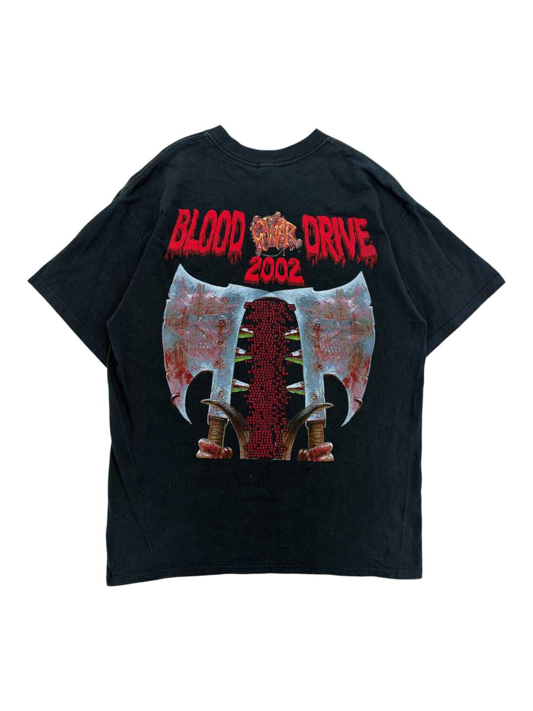 Exile Vintage black 2000s GWAR Blood Drive tour t-shirt with graphic of two bloody axes and tour dates on the back