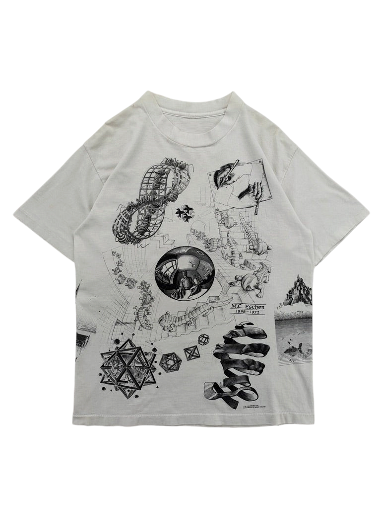 Exile Vintage 1990s white Andazia M.C. Escher all-over print graphic t-shirt with surrealist art designs