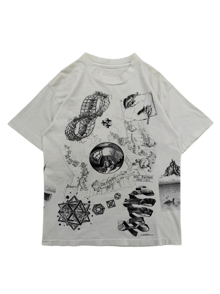 Exile Vintage 1990s white Andazia M.C. Escher all-over print graphic t-shirt with surrealist art designs