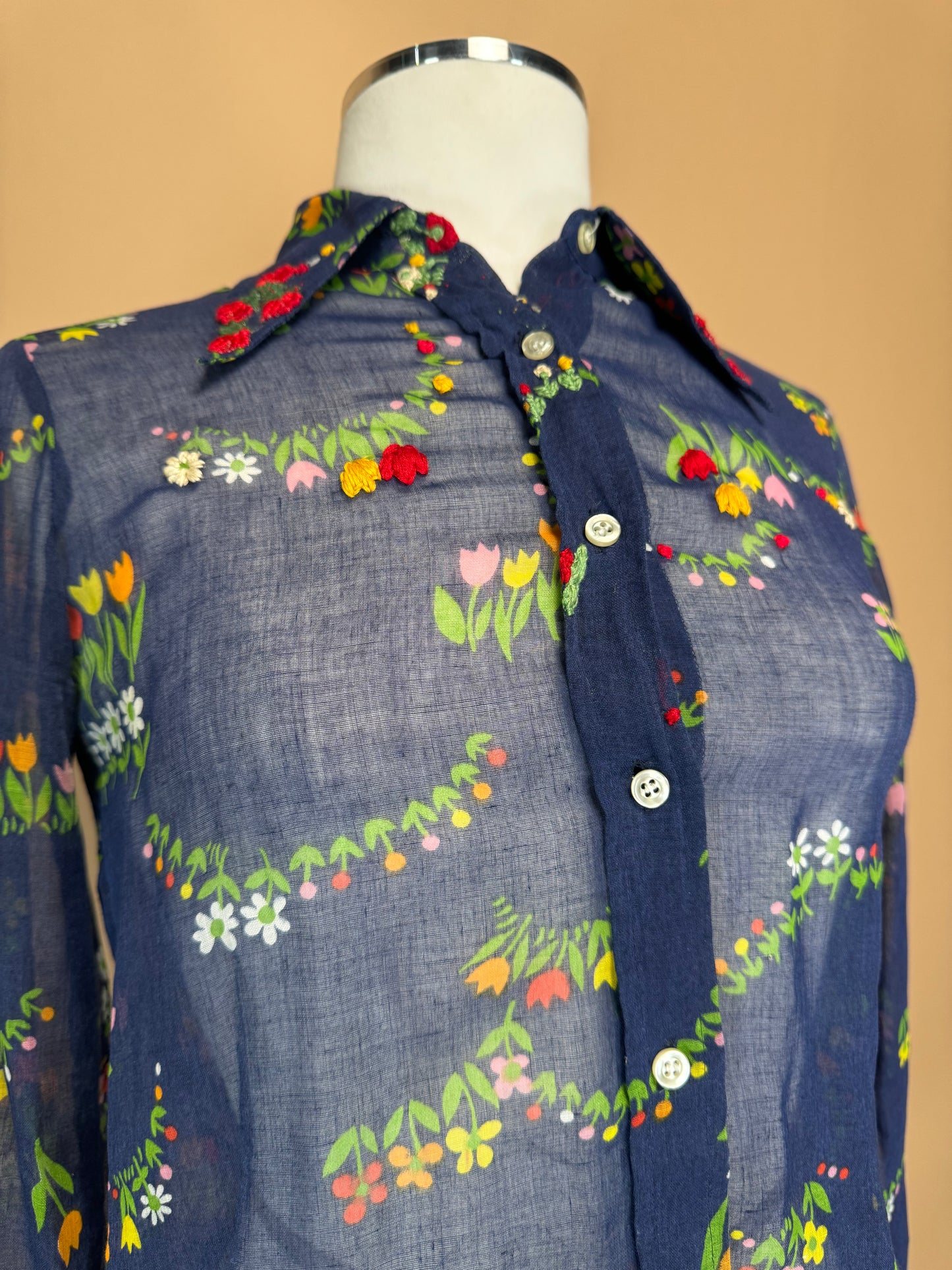 Vintage Sheer Hand Embroidered Floral Print Ladies Blouse