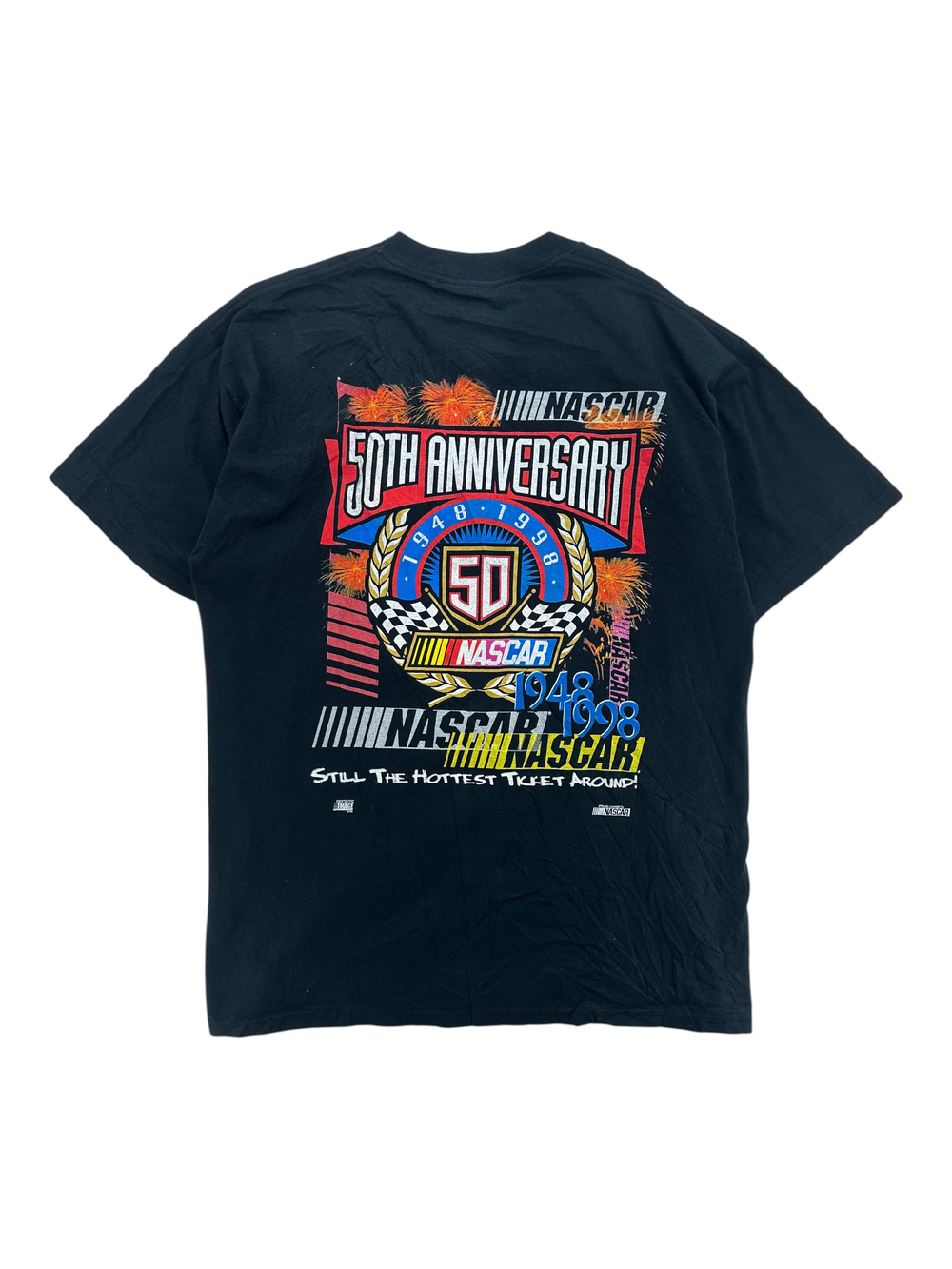 Exile Vintage black 1990s Nascar 50th Anniversary graphic t-shirt with racing logo and fireworks print