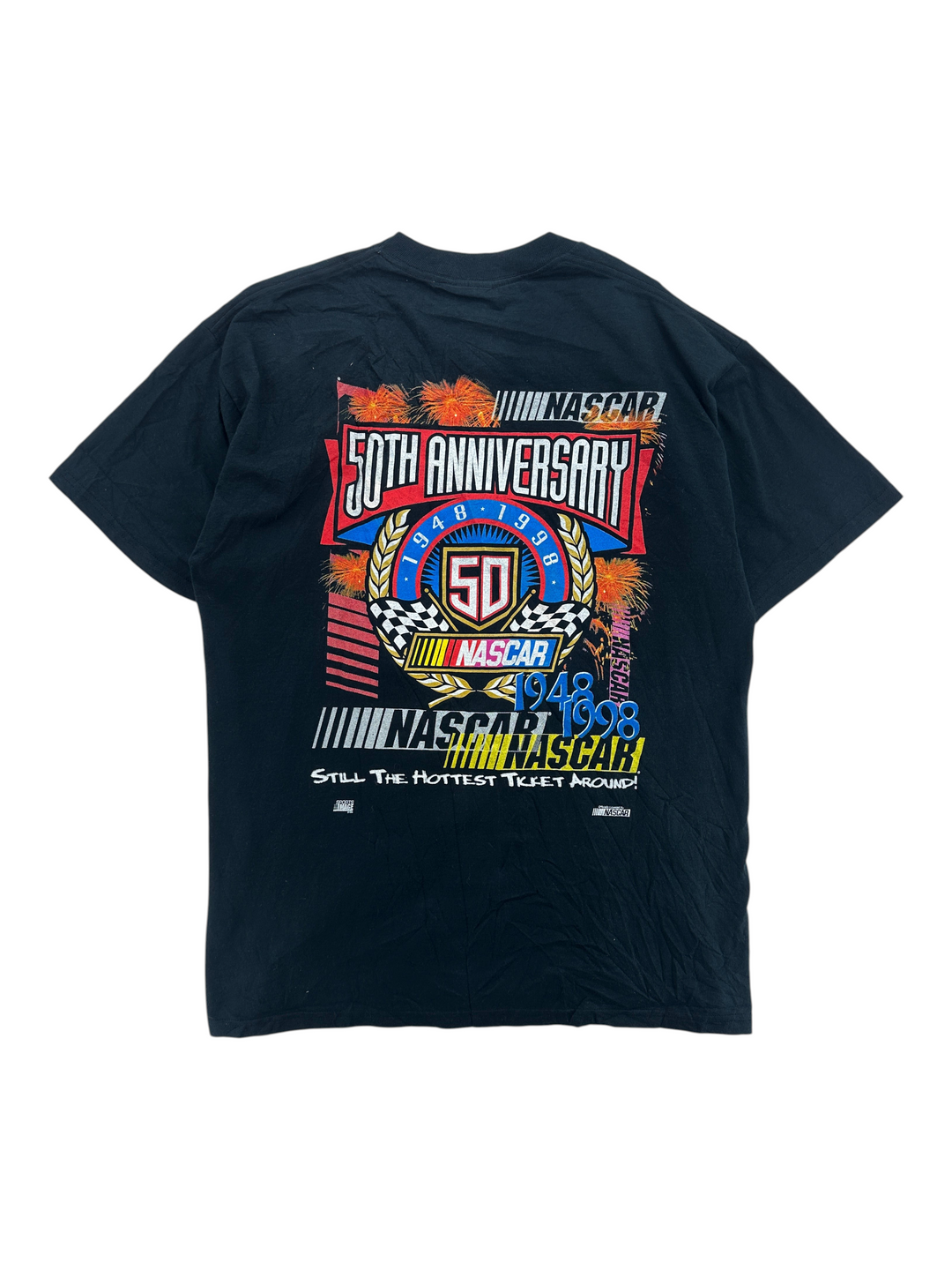 Exile Vintage black 1990s Nascar 50th Anniversary graphic t-shirt with racing logo and fireworks print