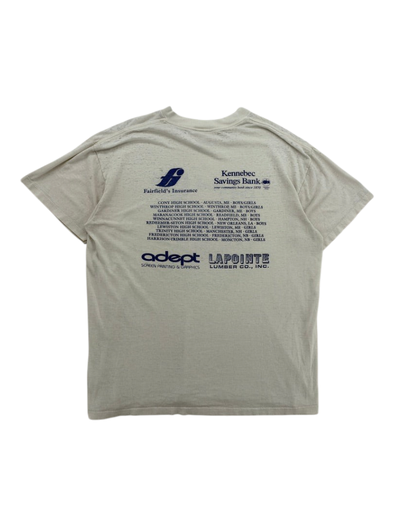 Exile Vintage 1990s grey basketball t-shirt with back graphic listing various high school sports teams