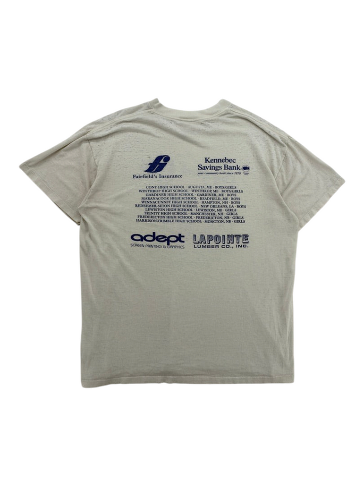 Exile Vintage 1990s grey basketball t-shirt with back graphic listing various high school sports teams