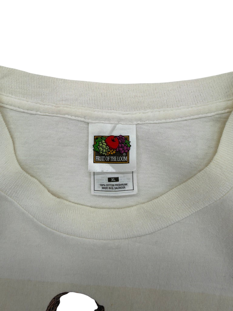 Exile Vintage white Fruit of the Loom t-shirt neck label showing size XL and 100% cotton material