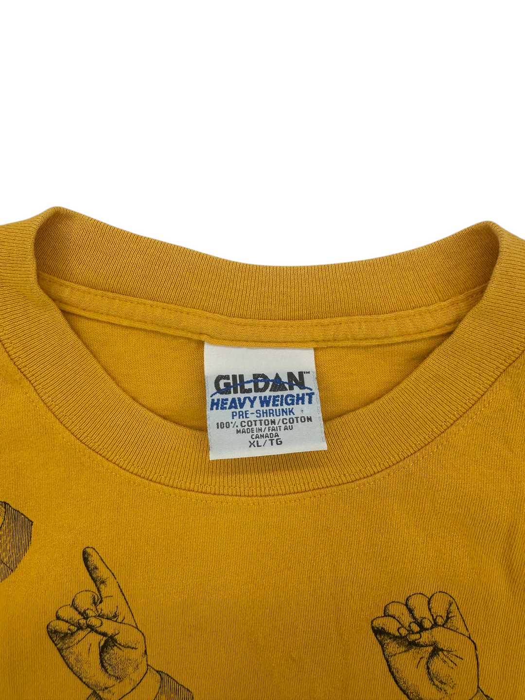 Exile Vintage 1990s yellow cotton t-shirt with sign language graphic print and Gildan heavy weight tag