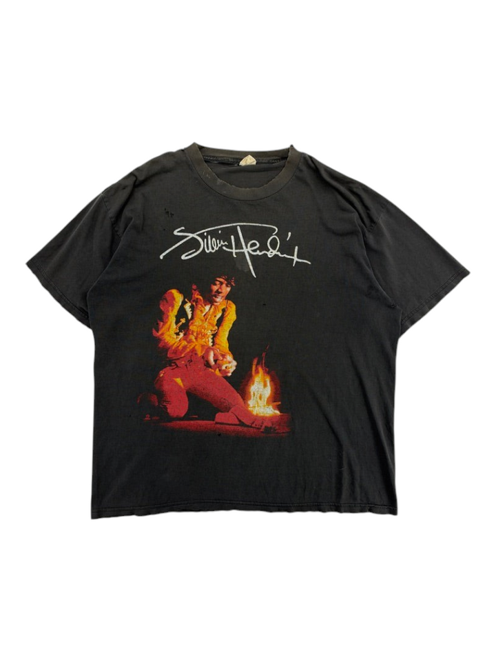 Exile Vintage 1980s black Jimi Hendrix graphic t-shirt featuring a flaming guitar print and signature in size XL.