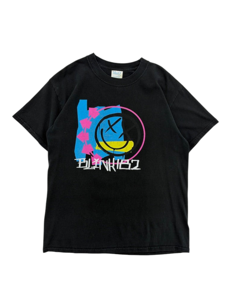 Exile Vintage 2000s black Blink 182 band t-shirt with a colourful graphic print and smiley face logo