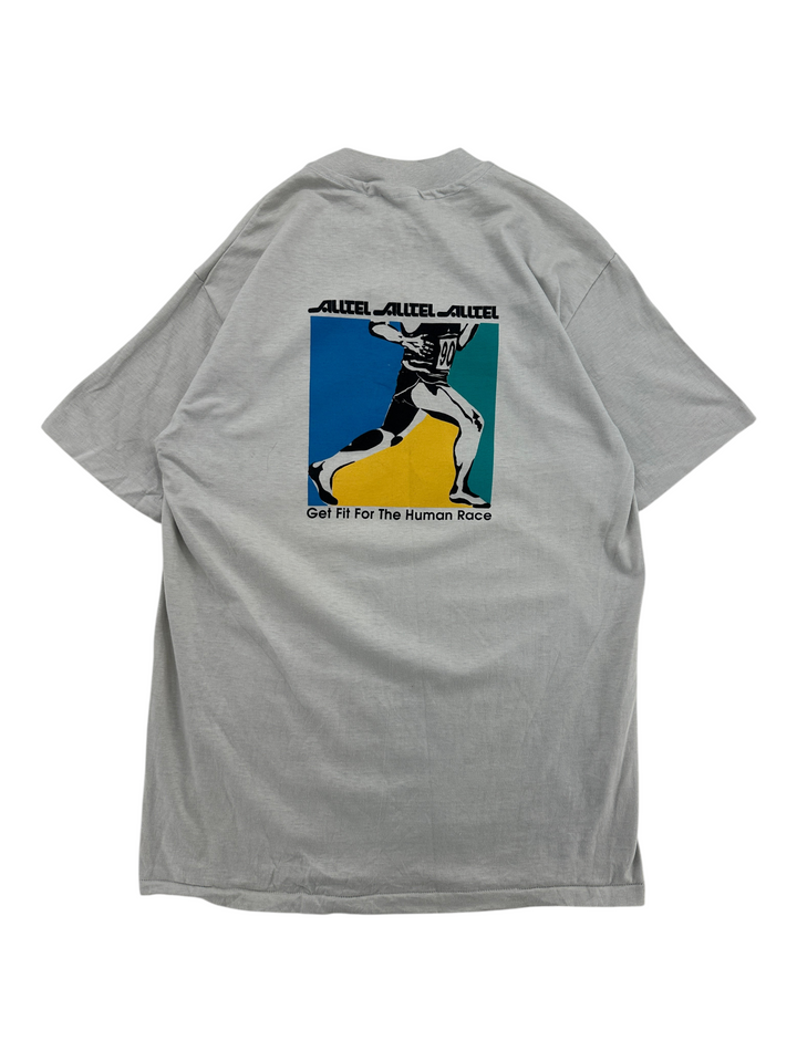 Exile Vintage 1990s grey graphic t-shirt featuring an Alltel runner print and Get Fit For The Human Race text