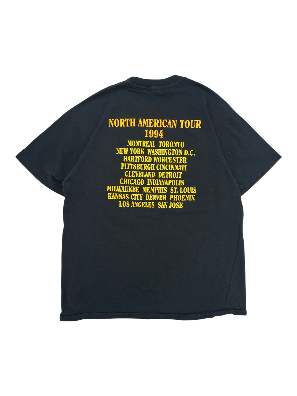 Exile Vintage black 1994 Eric Clapton North American tour t-shirt with yellow text on the back, size XL.