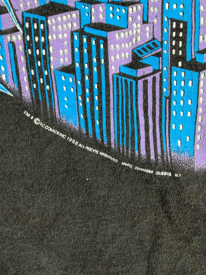 Exile Vintage 1988 DC Comics Batman t-shirt detail showing purple and blue city skyline graphic print on black cotton