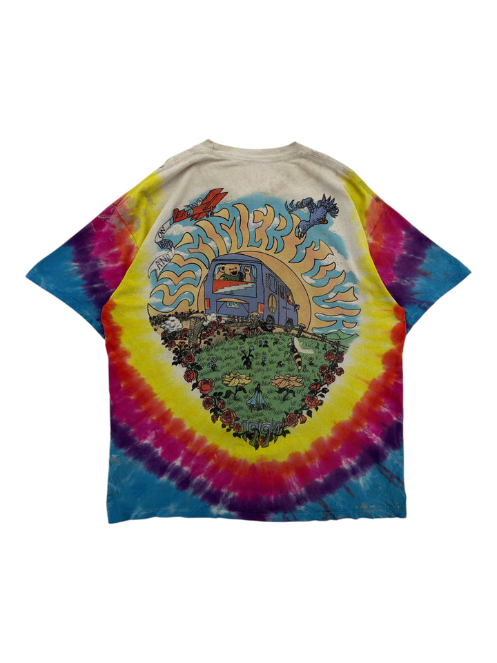 Exile Vintage 2000s Grateful Dead tie-dye t-shirt featuring a colorful summer tour graphic with a bus and flowers