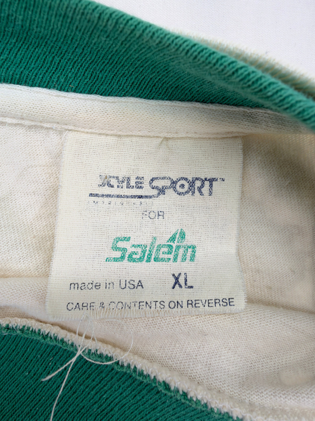 Exile Vintage 1990s ringer t-shirt XL size tag with green trim and Salem branding
