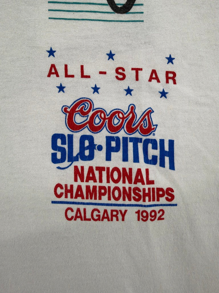 Exile Vintage white 1990s Coors Slo-Pitch All Star National Championships Calgary 1992 graphic t-shirt