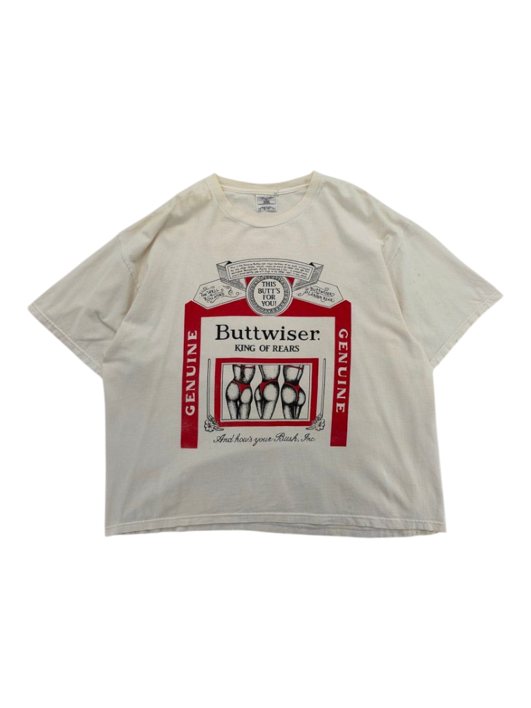Exile Vintage 1990s Buttwiser humour graphic t-shirt in cream cotton with red and black print, size XL