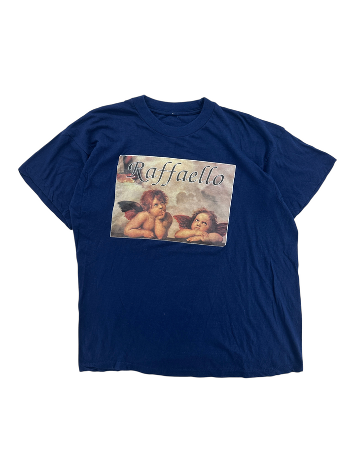 Exile Vintage navy blue 1990s Raffaello t-shirt featuring a classic cherub art print on the chest
