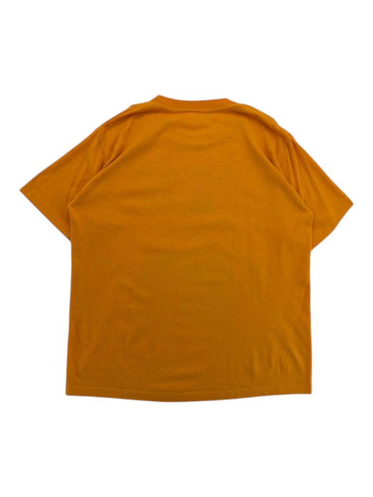 Exile Vintage 1980s Aquarius Seafood Inc mustard yellow cotton t-shirt, back view of a size large vintage tee.