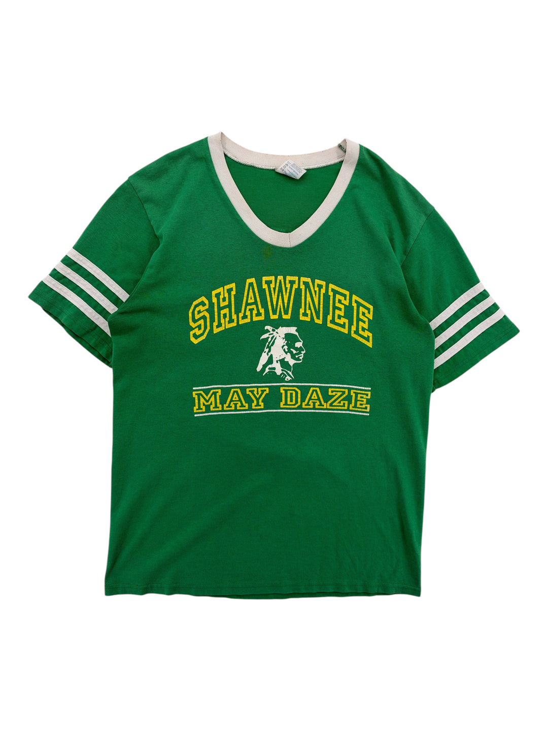 Exile Vintage 2000s green Shawnee May Daze graphic t-shirt with white v-neck trim and striped sleeves