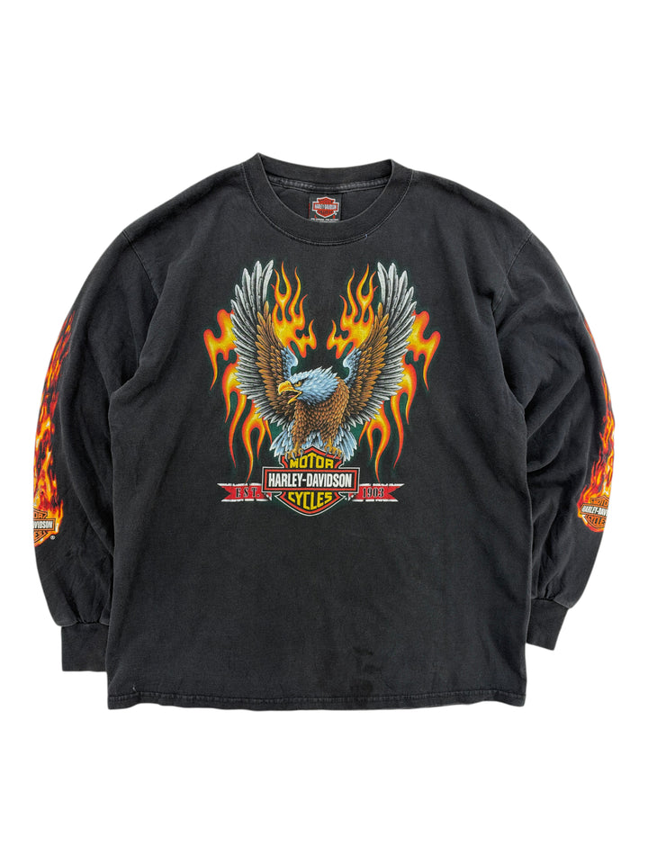 Exile Vintage 1990s black Harley Davidson long sleeve t-shirt with eagle and flame graphic print on front and sleeves