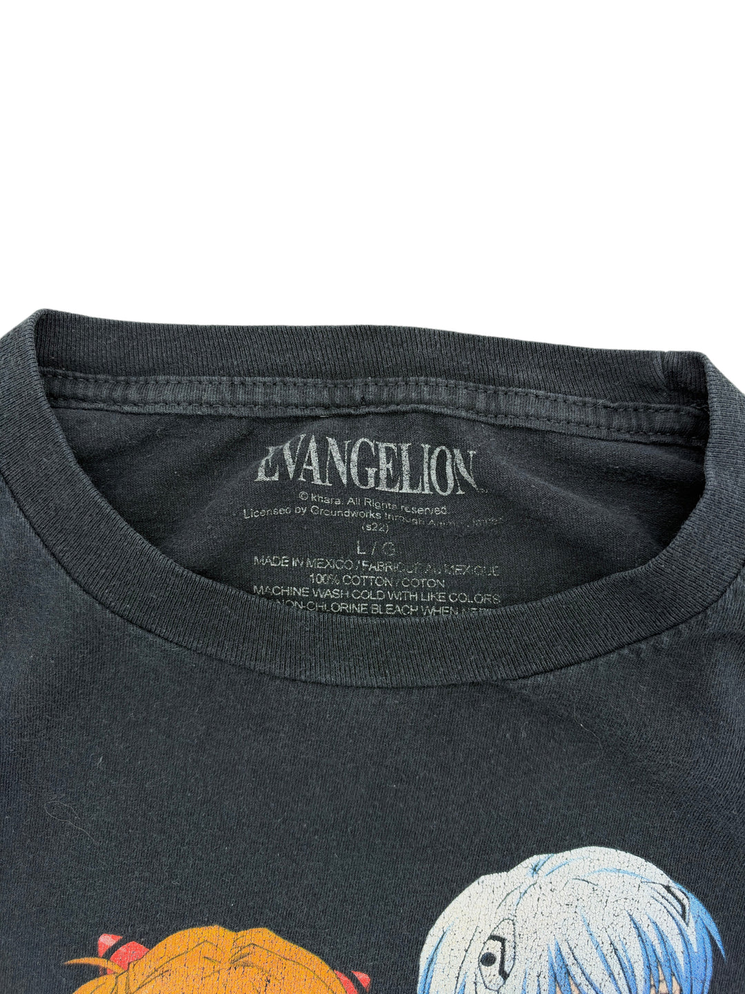 Exile Vintage 2022 Evangelion black cotton t-shirt featuring a printed anime graphic on the neckline label