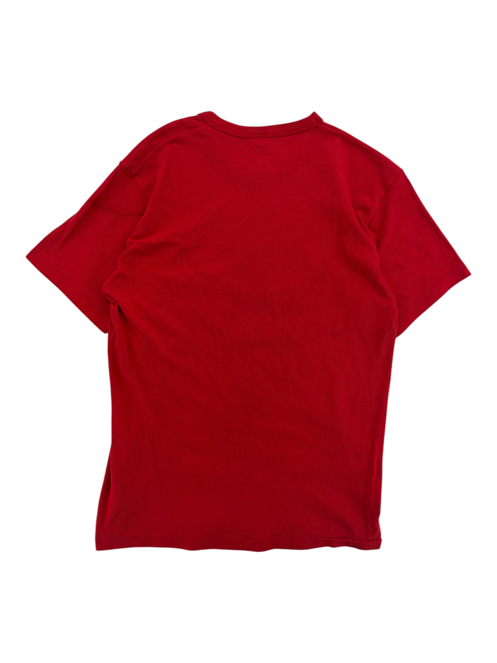 Exile Vintage 1970s red short-sleeve t-shirt, back view of a soft, plain crew neck cotton top.