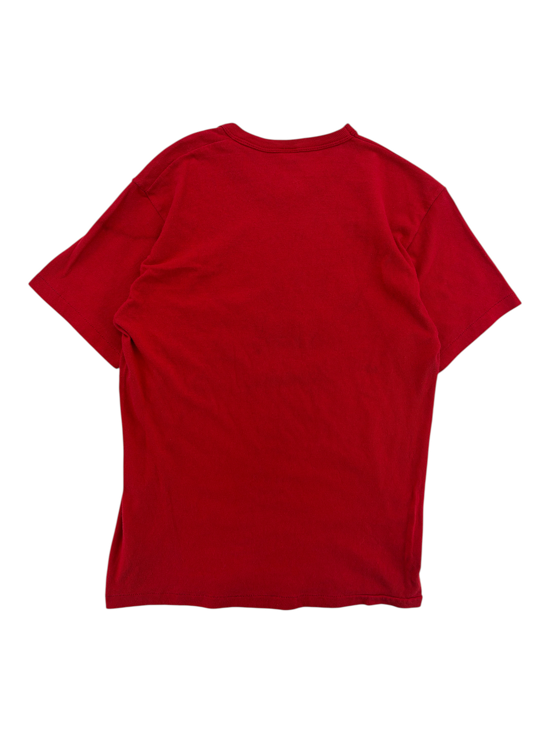 Exile Vintage 1970s red short-sleeve t-shirt, back view of a soft, plain crew neck cotton top.