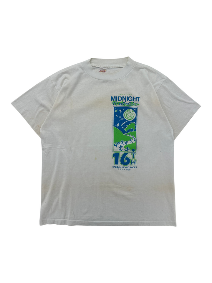 Exile Vintage 1980s white cotton Midnight Madness road race graphic t-shirt with blue and green print