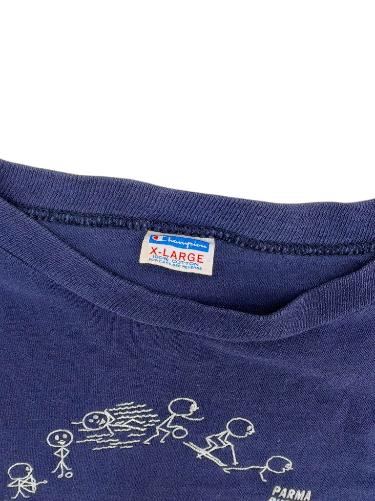Exile Vintage 1970s blue Champion cotton T-shirt with Parma Public School graphic and vintage neck tag