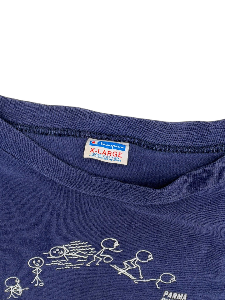 Exile Vintage 1970s blue Champion cotton T-shirt with Parma Public School graphic and vintage neck tag