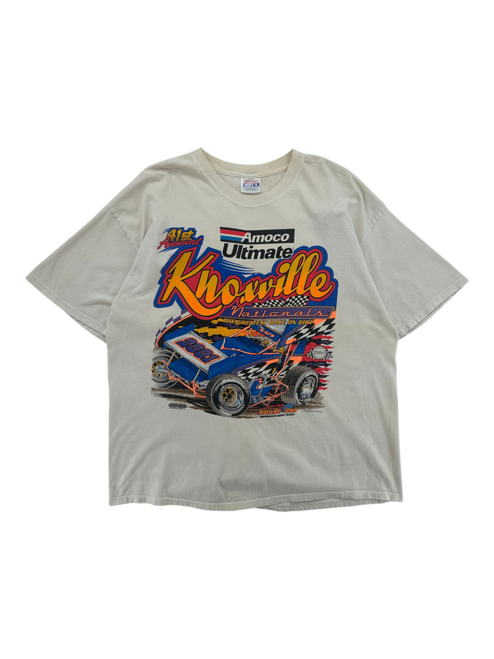 Exile Vintage 2000s Knoxville Nationals racing graphic t-shirt in off-white cotton with a blue sprint car print