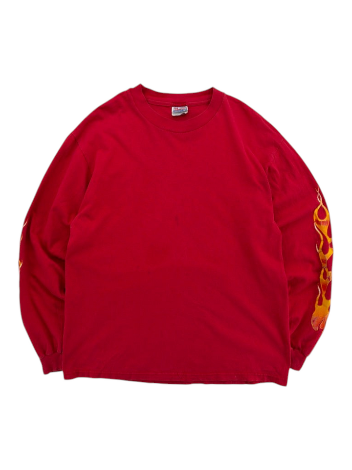 Exile Vintage red long sleeve t-shirt with yellow and orange flame graphics on the sleeves