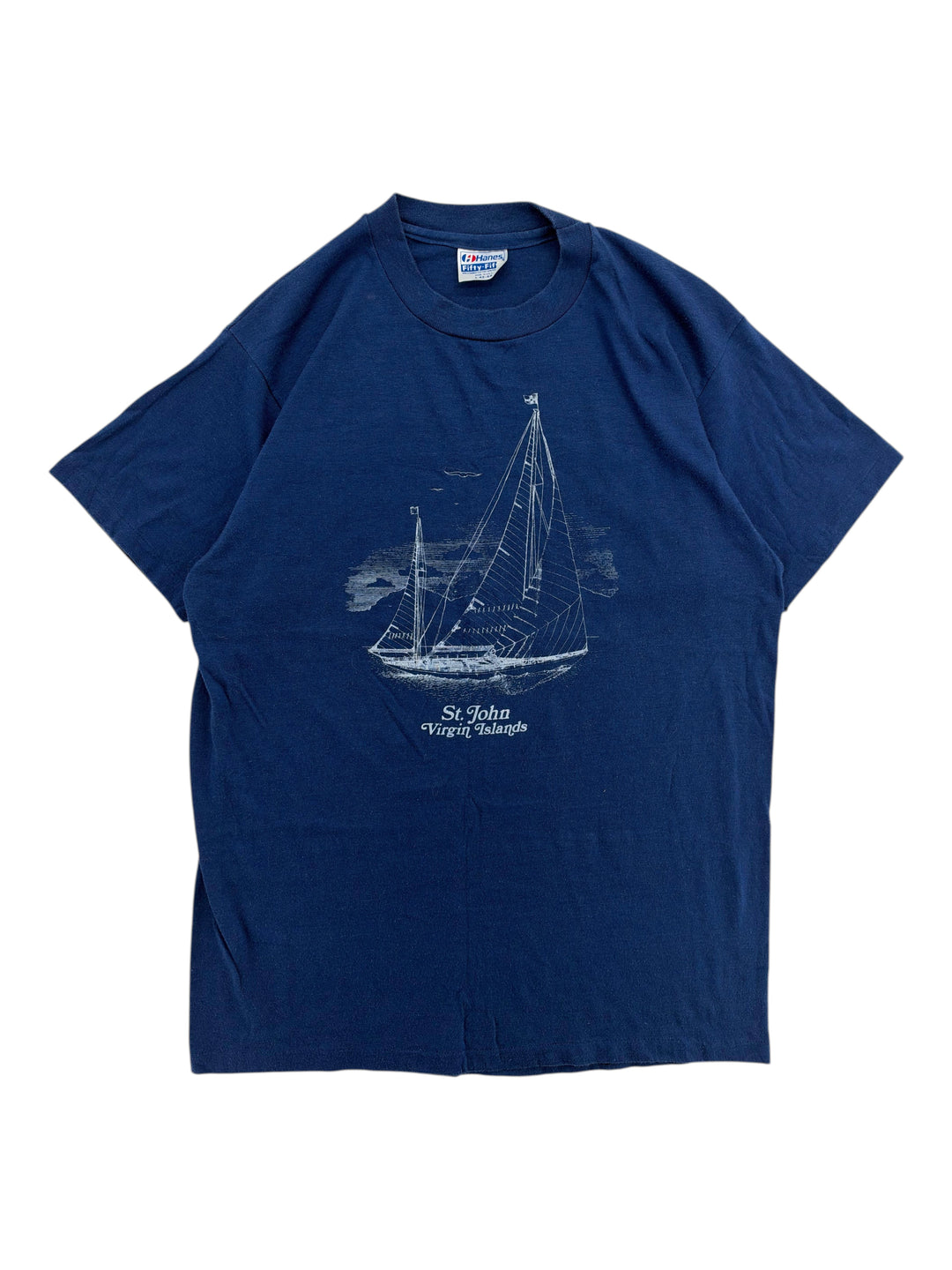 Exile Vintage 1980s navy blue cotton t-shirt featuring a white graphic print of a sailboat and St John text