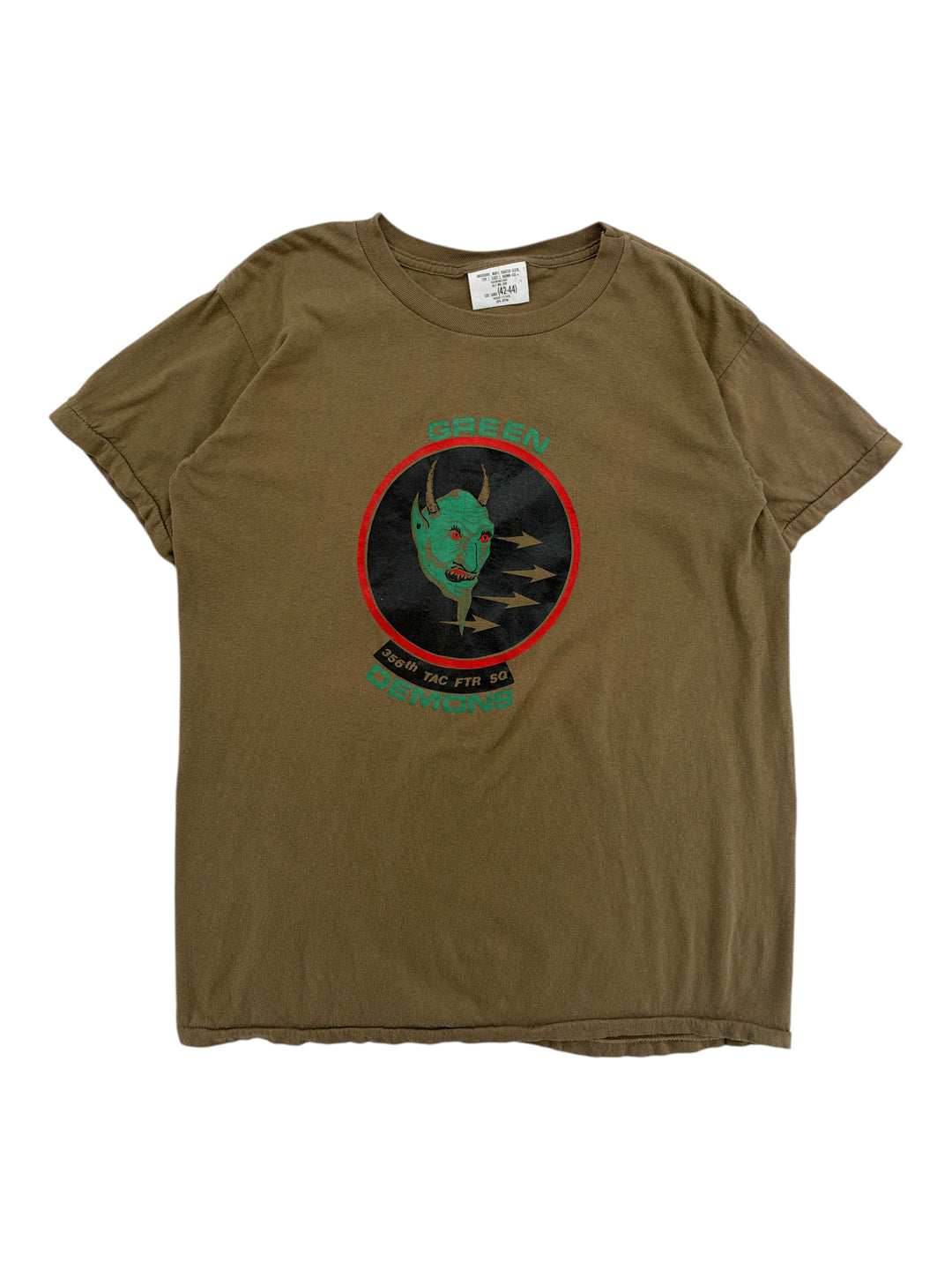 Exile Vintage 1980s olive green cotton t-shirt featuring a Green Demons 356th Tac Ftr Sq graphic print