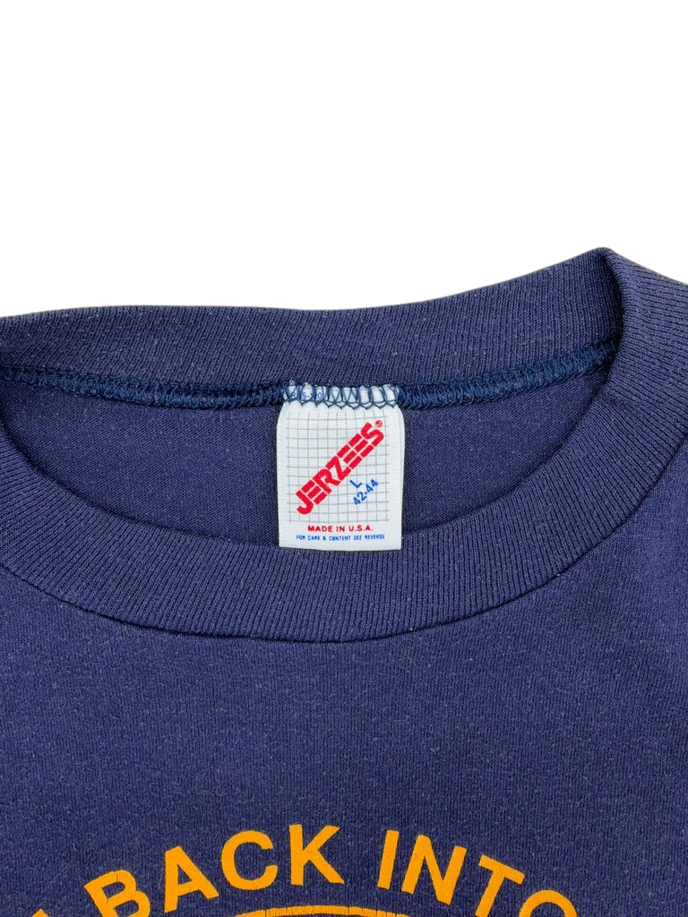 Exile Vintage 1980s navy blue t-shirt with Jerzees tag showing size L and Made in U.S.A. label