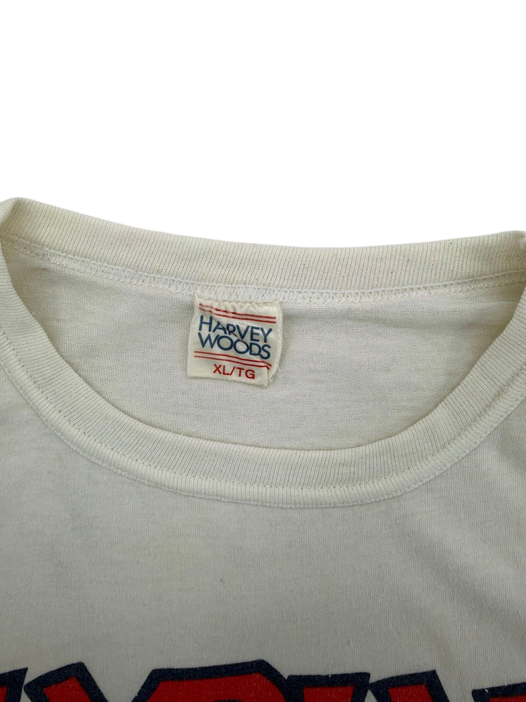 Exile Vintage 1980s Sabian Cymbals t-shirt featuring a Harvey Woods tag on a cream cotton crew neck