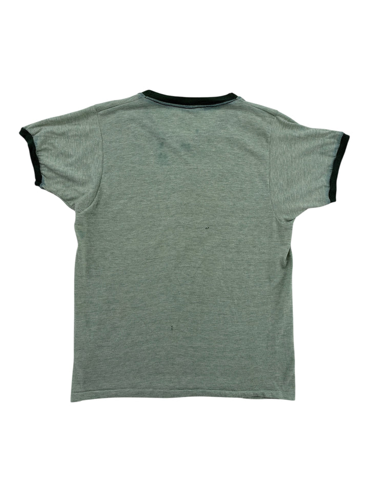 Exile Vintage 1970s green ringer t-shirt with black trim, back view showing vintage fabric texture