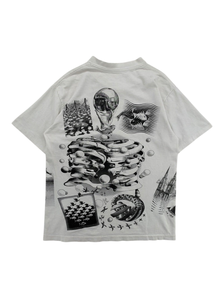 Exile Vintage 1990s white Andazia M.C. Escher t-shirt featuring a detailed black and white all-over surrealist print.