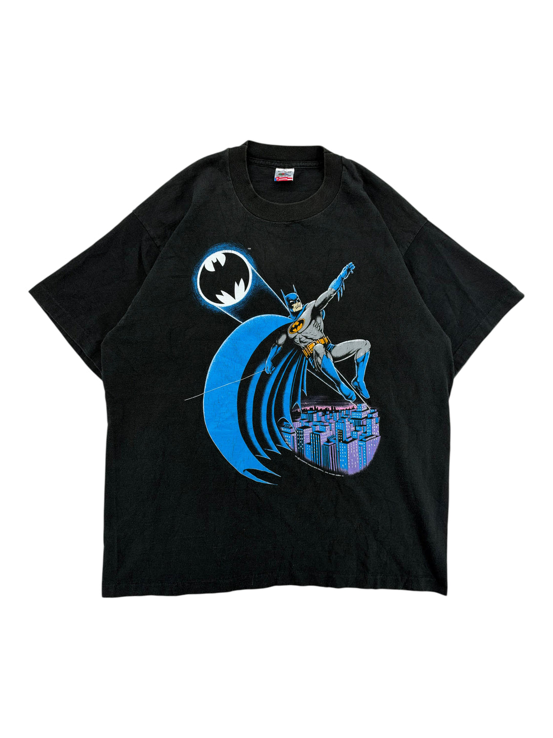 Exile Vintage 1980s black Batman graphic T-shirt with a blue cape and Gotham City skyline print, size XL.