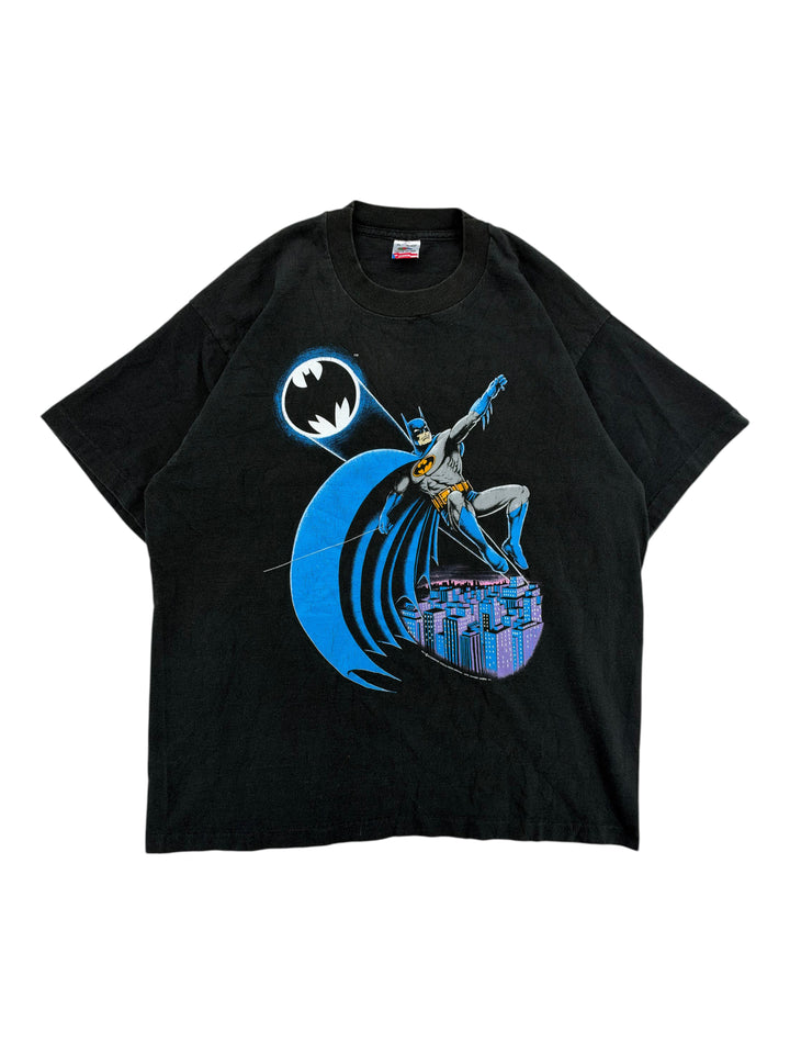 Exile Vintage 1980s black Batman graphic T-shirt with a blue cape and Gotham City skyline print, size XL.