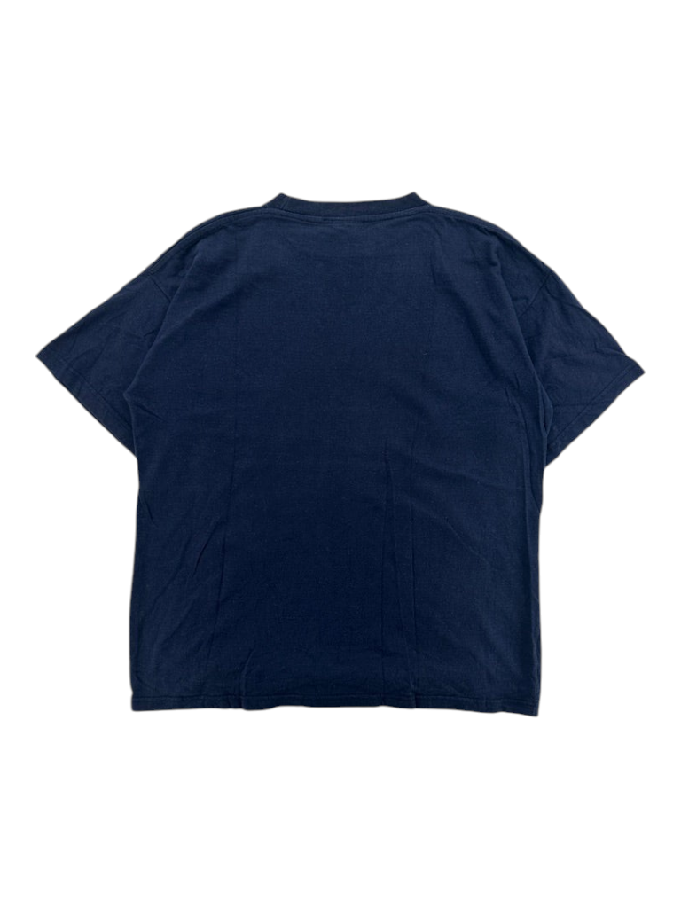Exile Vintage 1990s navy blue cotton t-shirt, back view of a plain vintage crew neck tee in size large.
