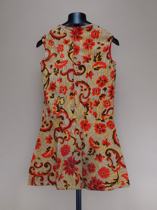 1960s - Floral Pattern Corduroy Mod Dress