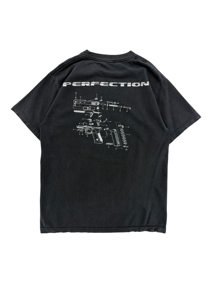 Exile Vintage black 1990s t-shirt featuring a white technical schematic print of a handgun on the back
