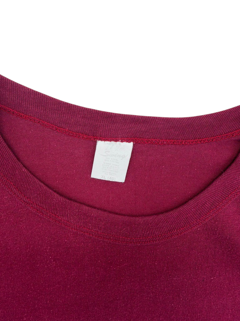 Exile Vintage maroon 1970s Harvard University t-shirt showing the interior neck label and stitching detail