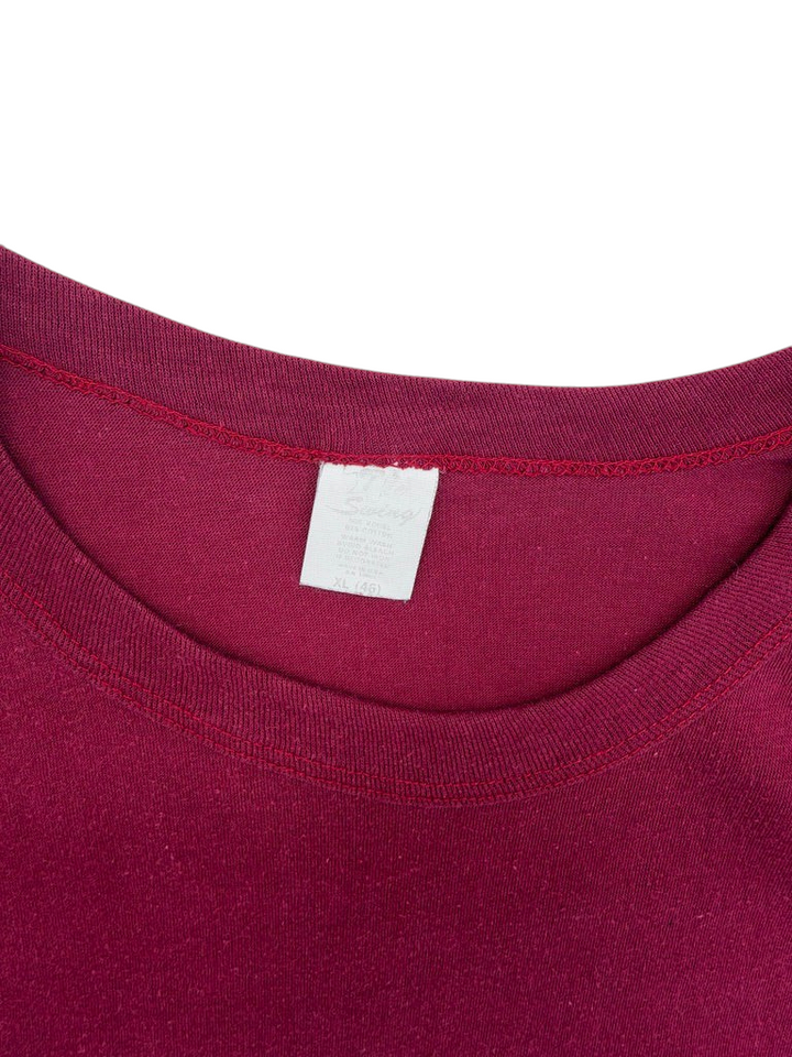 Exile Vintage maroon 1970s Harvard University t-shirt showing the interior neck label and stitching detail