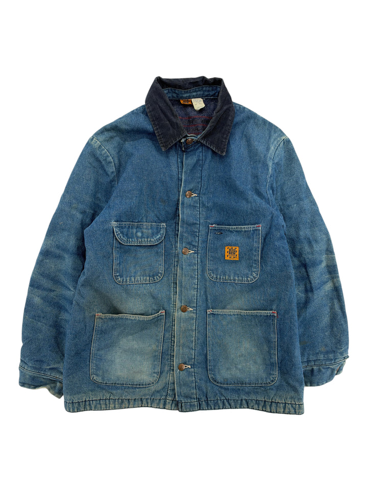 Exile Vintage 1980s Big Ben chore coat in blue denim with a dark corduroy collar and front patch pockets