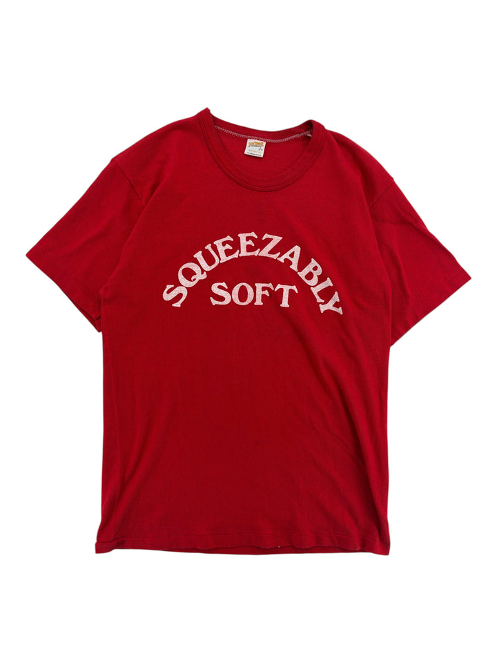 Exile Vintage 1970s red short-sleeve t-shirt with white Squeezably Soft graphic print on the chest