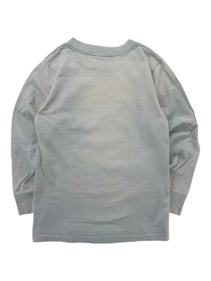 Exile Vintage 1980s Iowa City Halloween longsleeve t-shirt in faded grey cotton, back view.