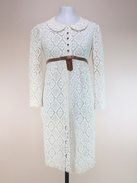 1960s - Made In London Open Front Lace Dress With Velvet Waist Ribbon Detailing